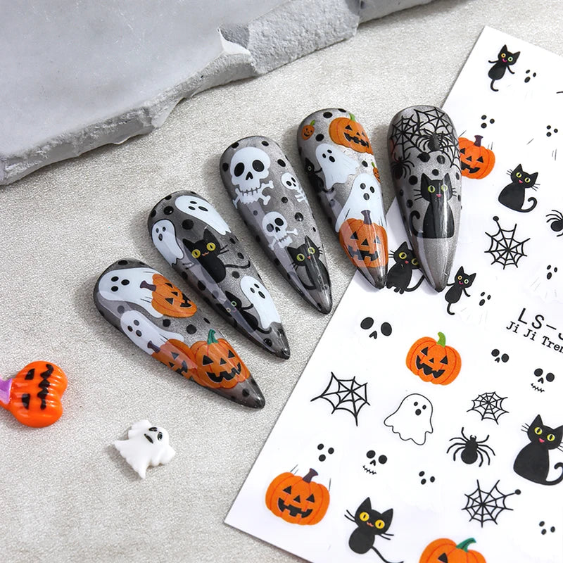 Halloween Nail Stickers Cartoon Ghost Pumpkin Spider Web Designs, Autumn Nail Decals