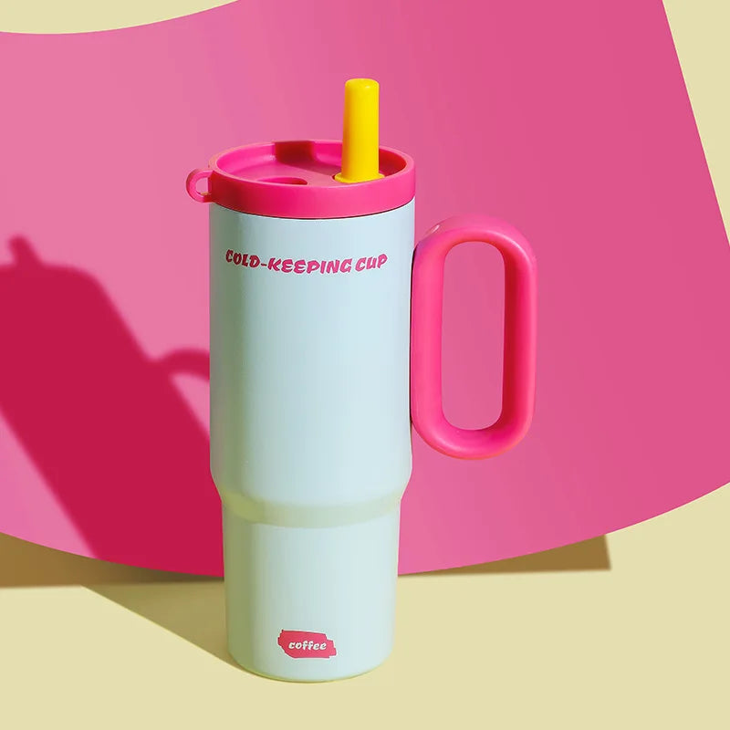 750ML Stainless Steel Vacuum Insulated Water Bottle with Straw & Handle - Outdoor Travel Coffee Cup