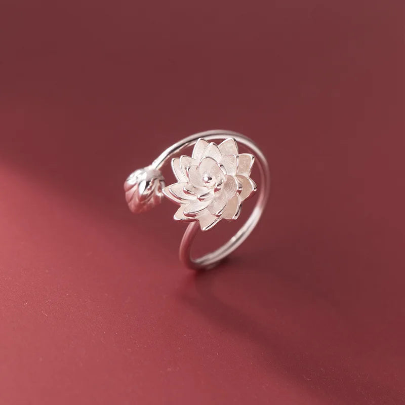925 Sterling Silver Lotus Flower Adjustable Ring for Women Wedding Engagement Jewelry