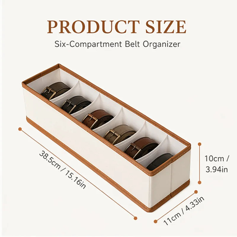 Leather-Style Belt & Accessory Organizer Box with 6 Compartments - Space-Saving Closet Storage