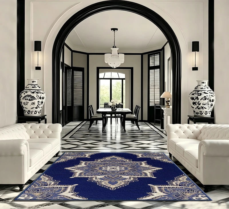Bohemian Floral Medallion Area Rug - Navy Blue Indoor Floor Mat, Multiple Sizes