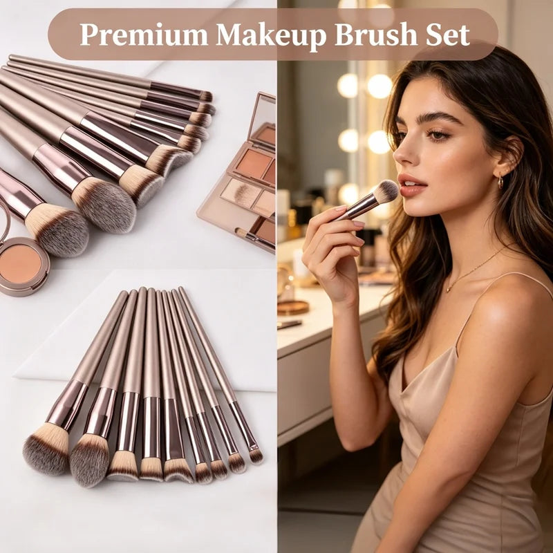 10-Piece Makeup Brush Set with Champagne Gold Handles - Vegan, Cruelty-Free Face & Eye Tools