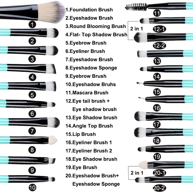 20-Piece Makeup Brush Set with Sponge Kit - Eyeshadow, Eyeliner, Foundation & Blush Brushes