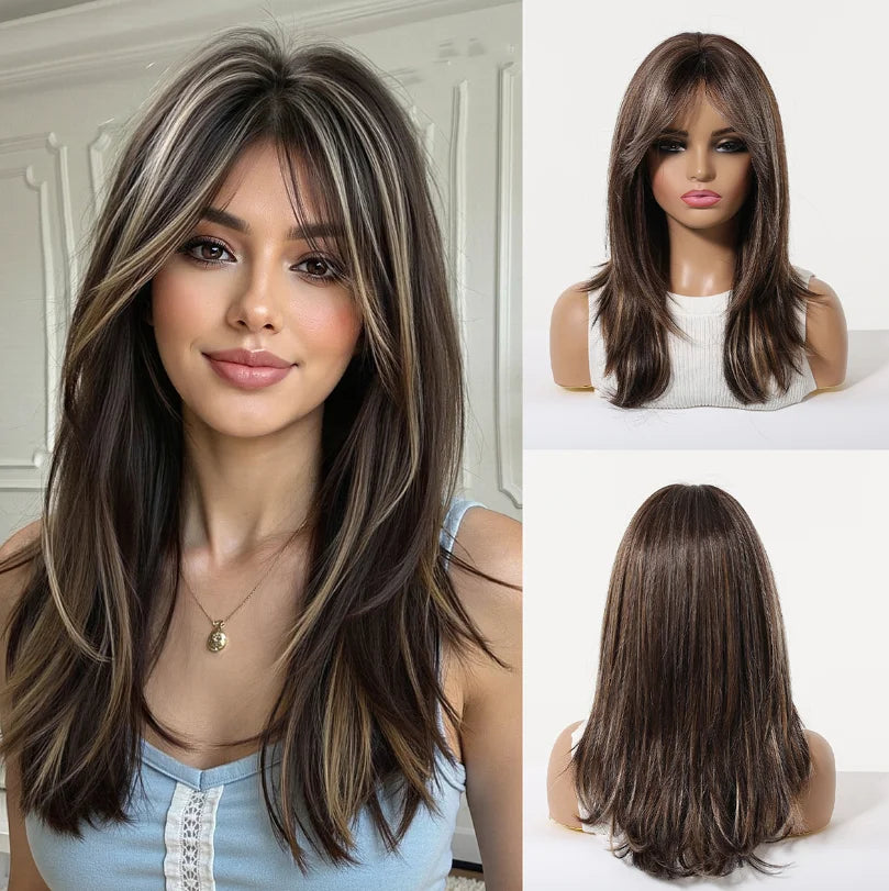 Blonde Synthetic Wig for Women Medium Length Straight with Bangs - Heat Resistant & Natural Look