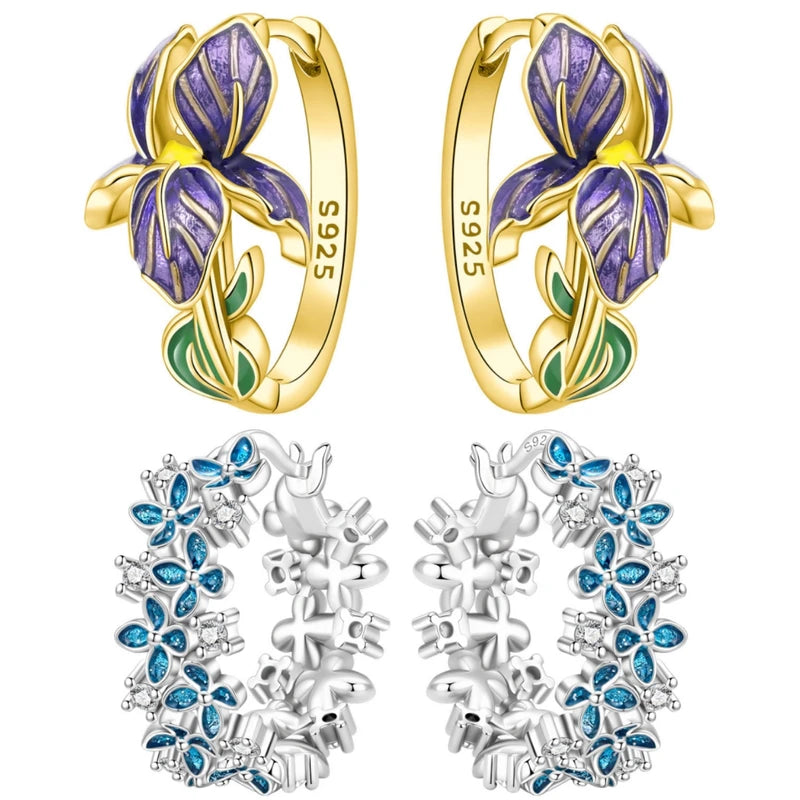 Sterling Silver Iris Flower Earrings for Women – Versatile Hoop Jewelry Gift