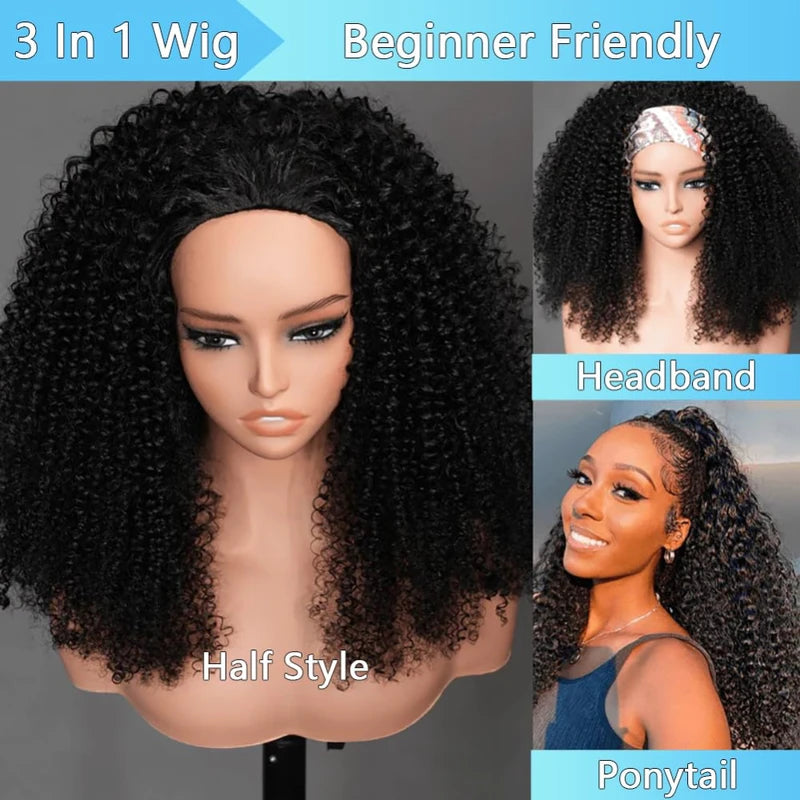 Curly Half Wig 200% Density Human Hair Headband Wig No Leave Out 16-32 Inches