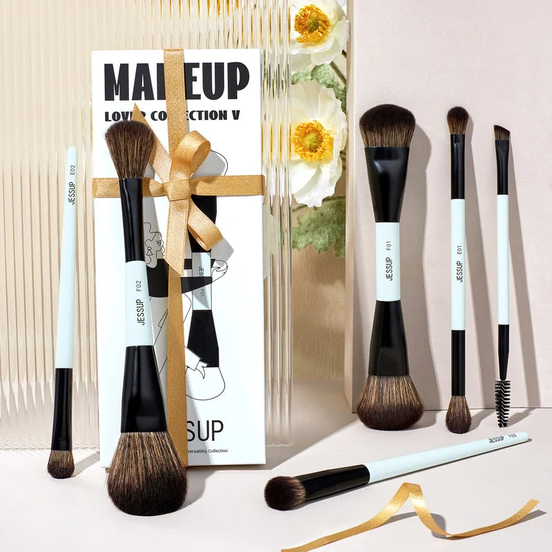 6pcs Double-Ended Makeup Brush Set - Vegan Fiber, Bright Cyan