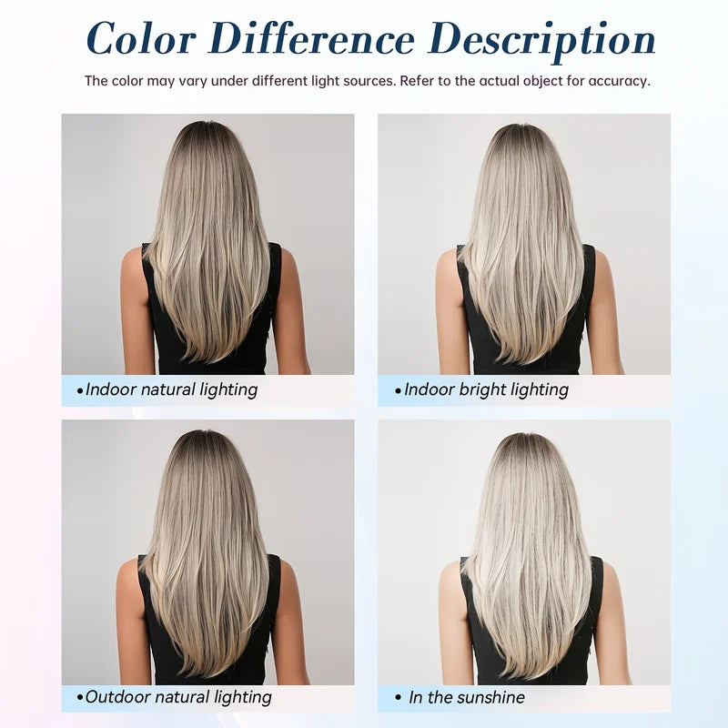 Ash Grey Brown Ombre Synthetic Wig with Curtain Bangs for Women - Layered, Straight Hair