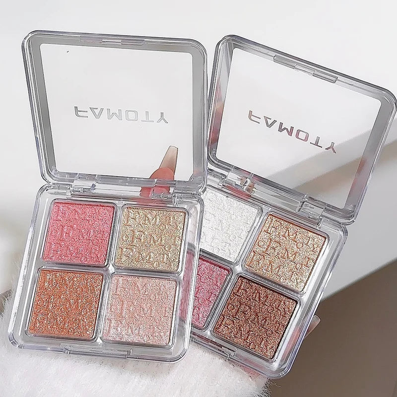 4-Color Face Highlighter Palette Pearly Glitter Shimmer Baked Powder Sparkling Makeup