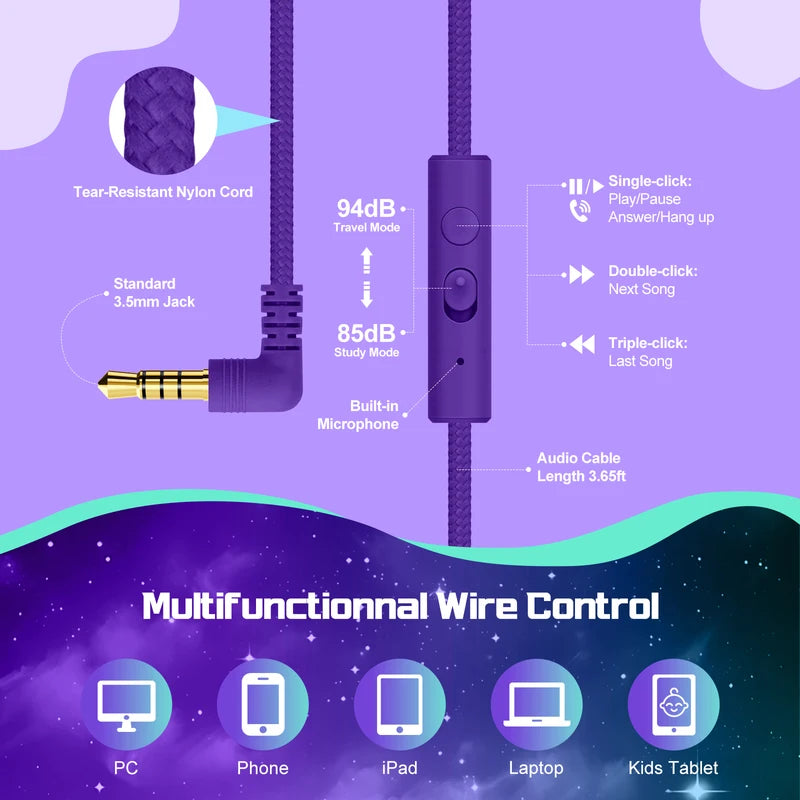 Kids Wired Headphones with Volume Limiter for School & Learning - Foldable Stereo Sound with Mic