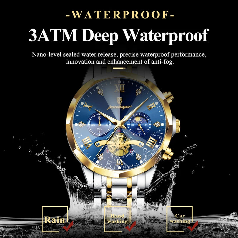Luxury Waterproof Men’s Chronograph Watch with Luminous Dial - Stainless Steel Quartz Business Wristwatch