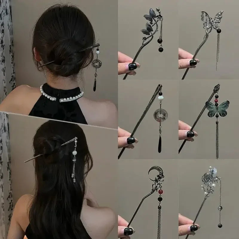 Vintage Butterfly Flower Tassel Hair Stick for Women - Metal Hair Accessory