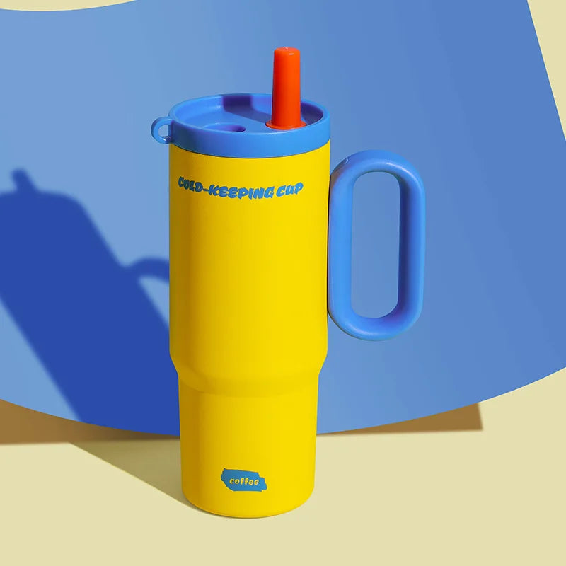 750ML Stainless Steel Vacuum Insulated Water Bottle with Straw & Handle - Outdoor Travel Coffee Cup