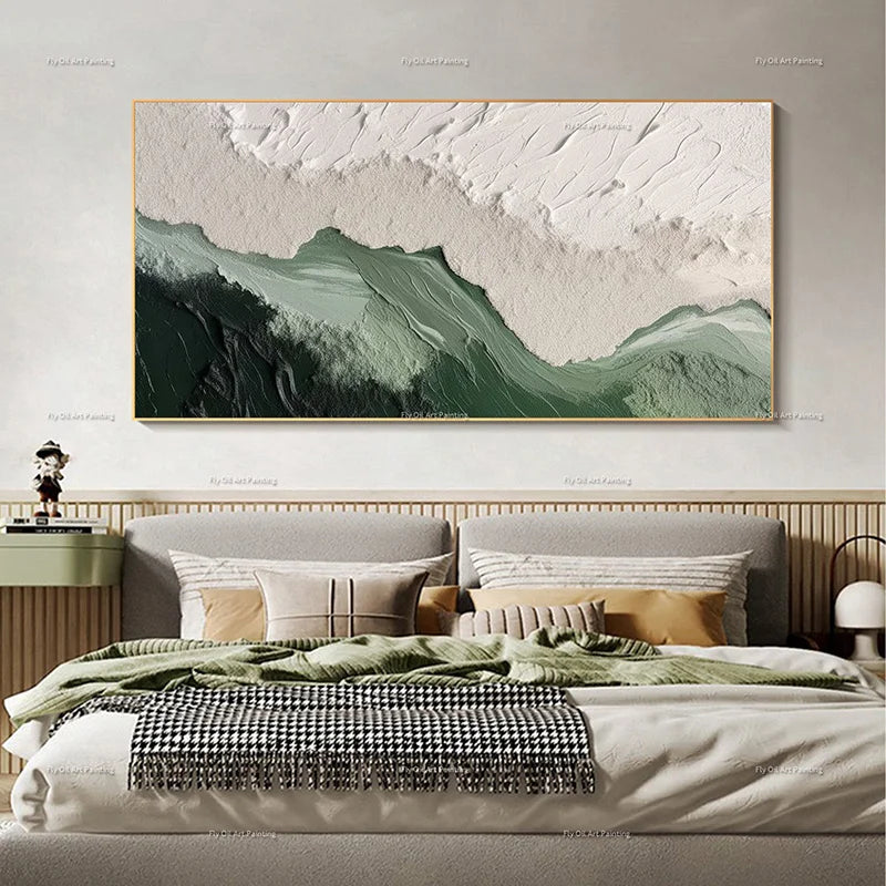 Large Handpainted Green and Beige Oil Painting Wall Art for Room Decor