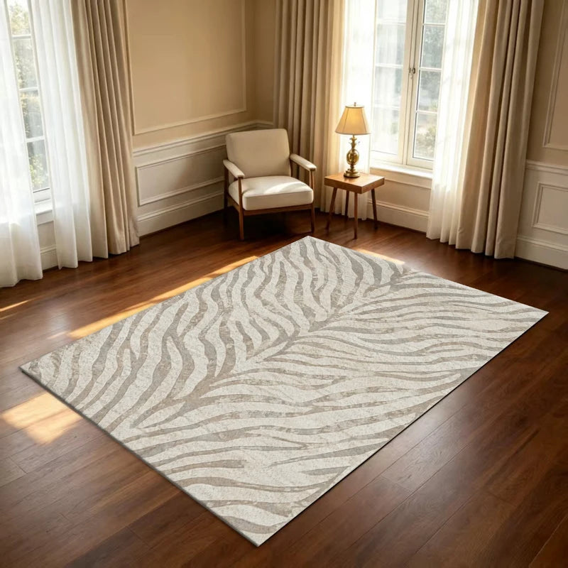 Neutral Beige Zebra Pattern Area Rug - Vintage Animal Print Non-Slip Carpet for Living Room & Bedroom