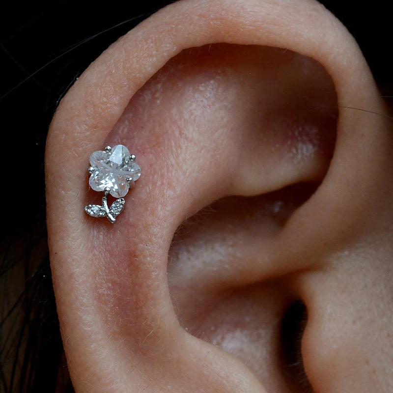 Dainty Sparkly CZ Flower Stud Earrings for Women Stainless Steel Jewelry