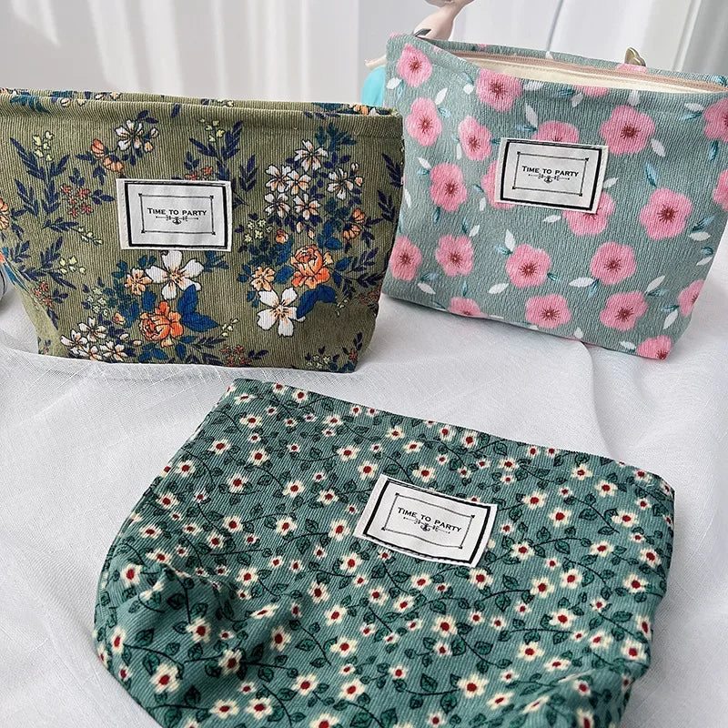 Women’s Floral Makeup Organizer Bag Travel Toiletry Pouch Corduroy Canvas