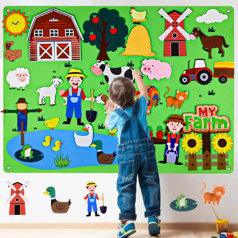 Farm Animals Felt Story Busy Board 4-in-1 Interactive Learning Wall Toy