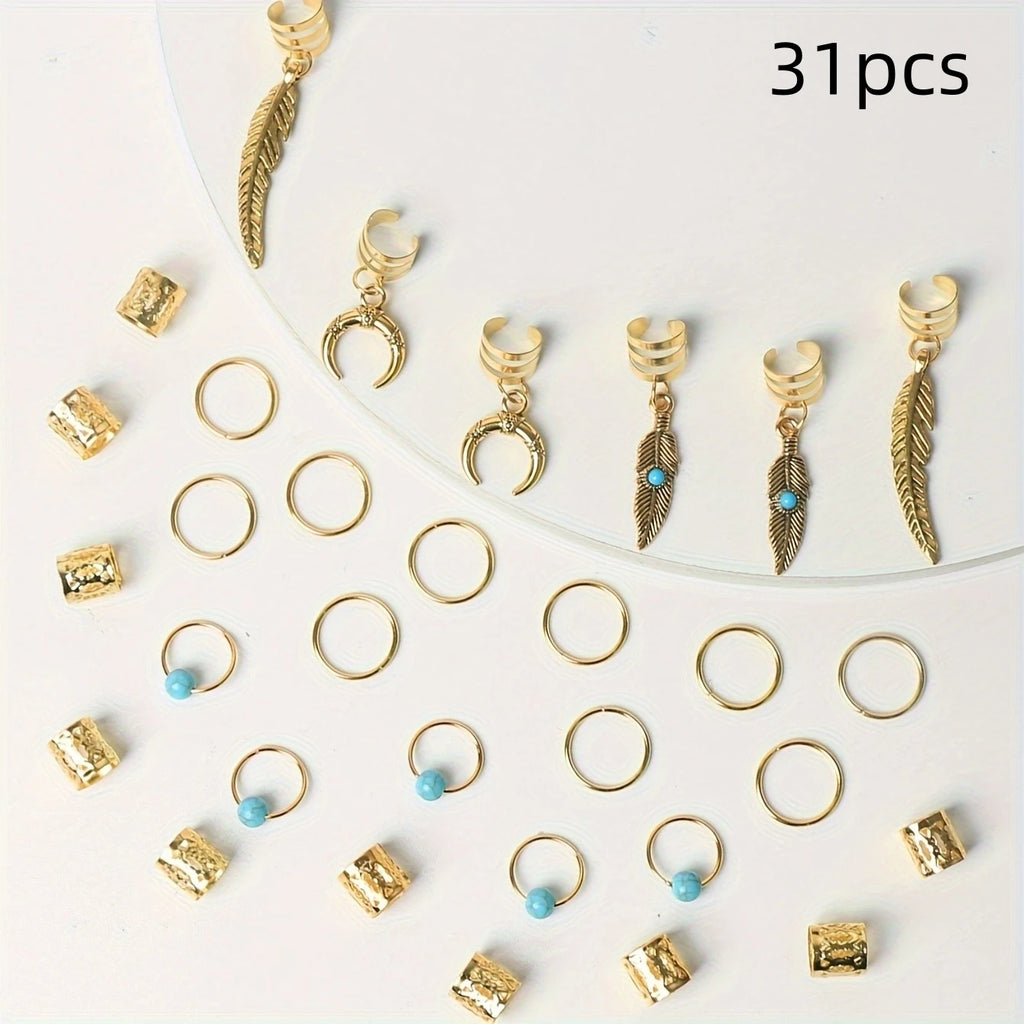 Set of 31 Turquoise Dreadlock Hair Beads and Rings for Braids - Hippie Style Hair Jewelry