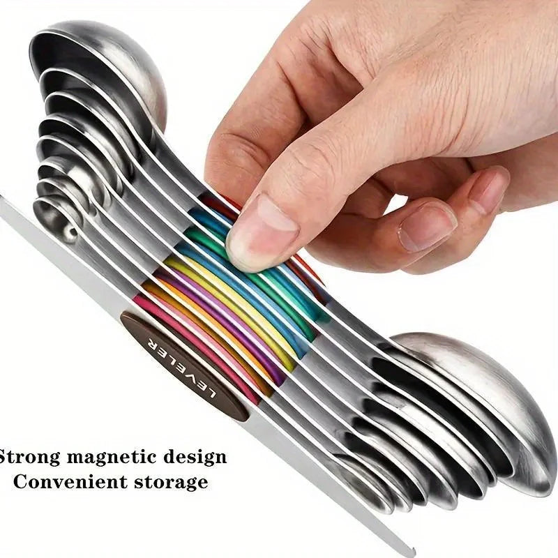Stainless Steel Double-Headed Measuring Spoon Set with Magnetic Suction - 9 Pieces