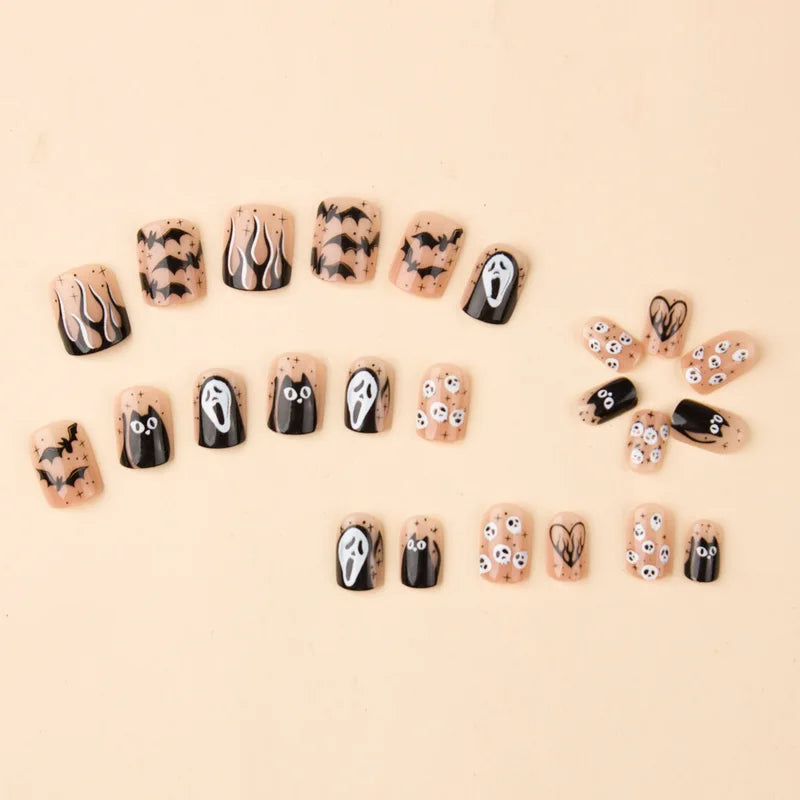 Halloween Skull Fake Nails 24 Pcs Full Coverage Press-On Nails Reusable False Nails for Women & Girls