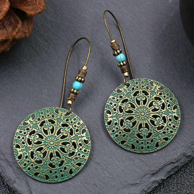 Ethnic Vintage Bohemia Drop Earrings for Women Geometric Leaf Flower Hollow Round Jewelry