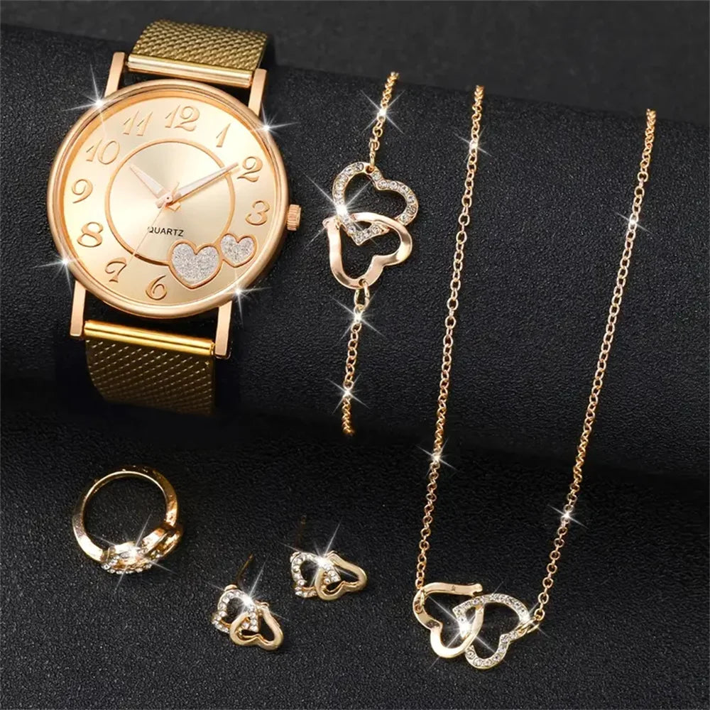 Heart Women's Watch Set with Butterfly Jewelry - Golden Quartz, Resin Band, Analog