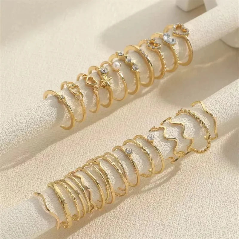 23-Piece Women's Zircon Wave Ring Set - Multi-Element Design for Daily Wear