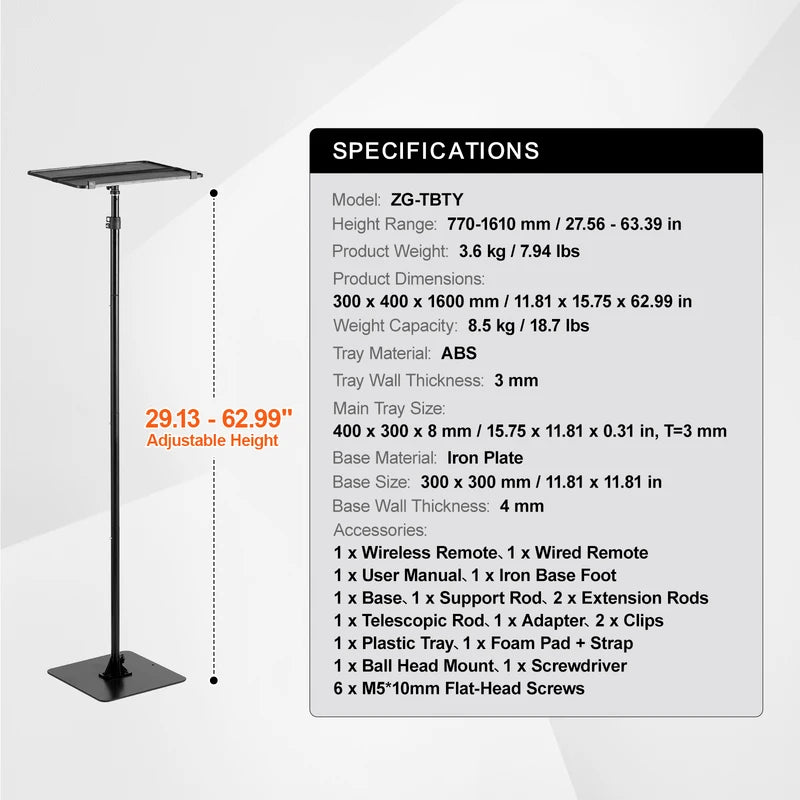 Adjustable Height Projector Floor Stand with Tray for Indoor Outdoor Use