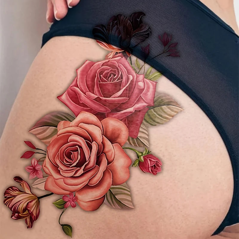 Big Size Romantic Rose Flower Temporary Tattoo Stickers for Women & Girls