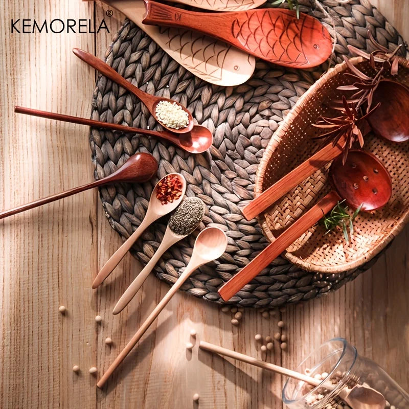 Wooden Tea Spoon Set - Long Coffee & Dessert Spoons Kitchen Flatware