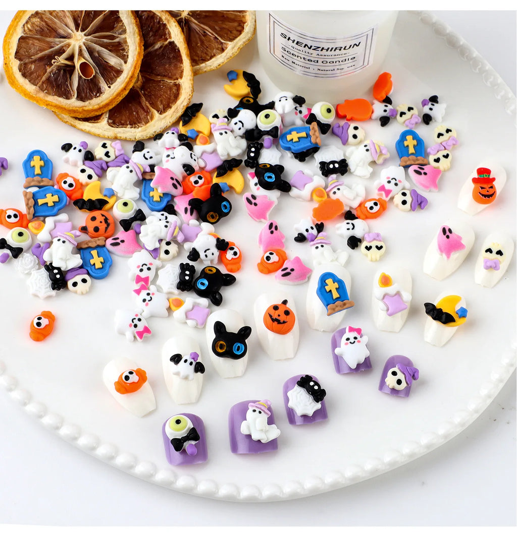 Halloween Nail Art Resin Charms Mix - Ghost, Pumpkin, Cartoon Nail Decor for DIY Nails