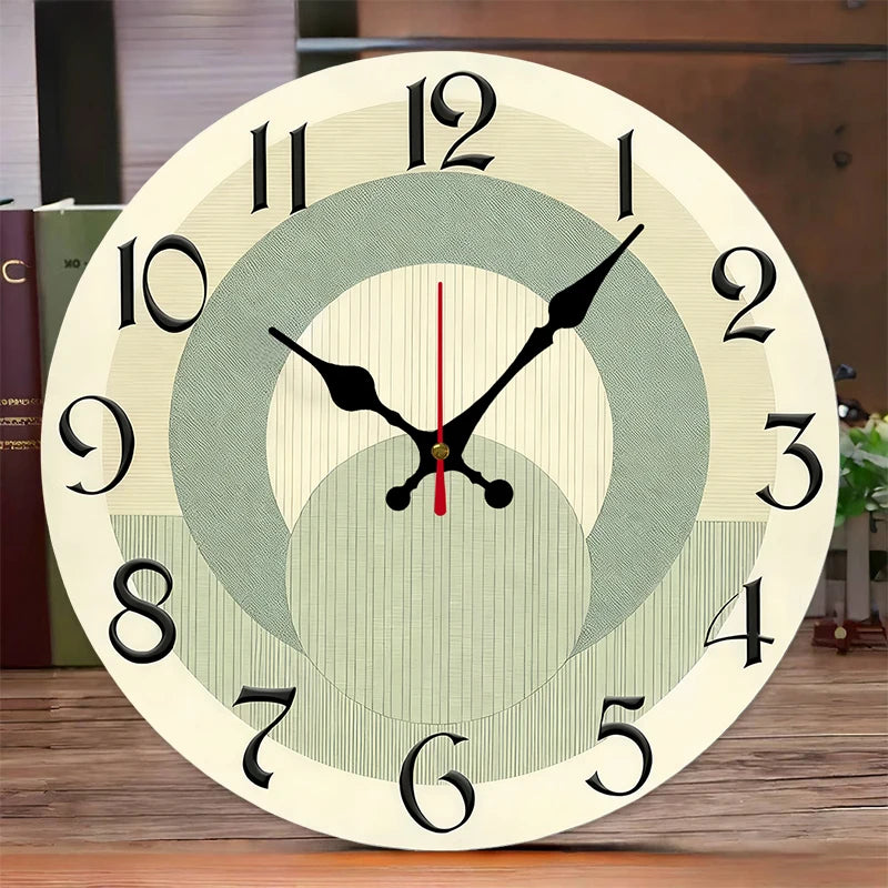 Wooden Wall Clock - Green & Beige Round Silent Hanging Home Decor
