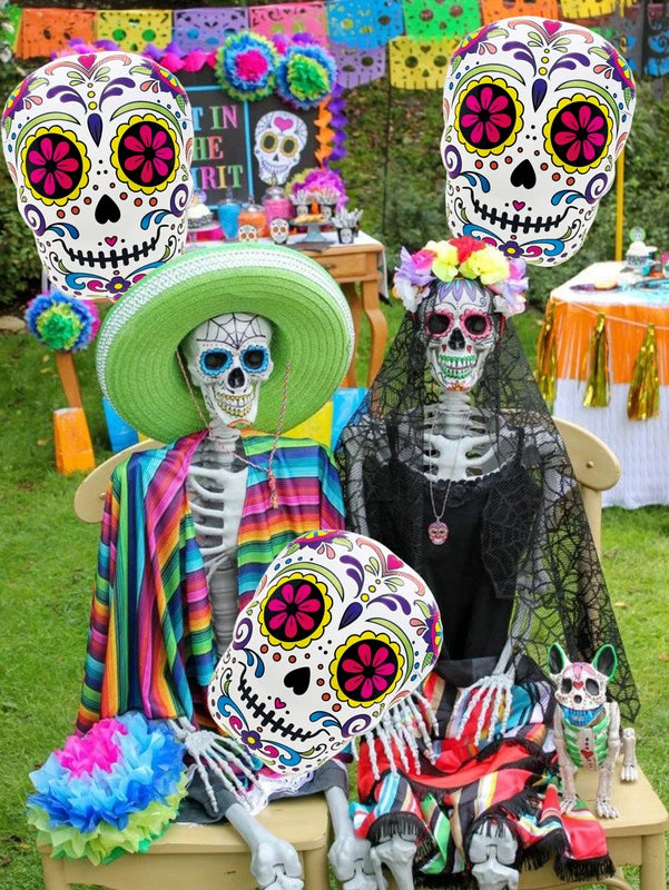 Colorful Flower Skull Aluminum Foil Balloons Halloween Party Decorations 3pcs