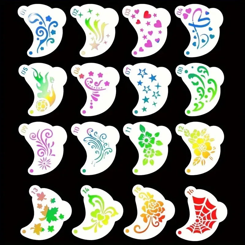 16PCS Reusable Face Painting Stencils for Children Cartoon Flower Heart Body Art