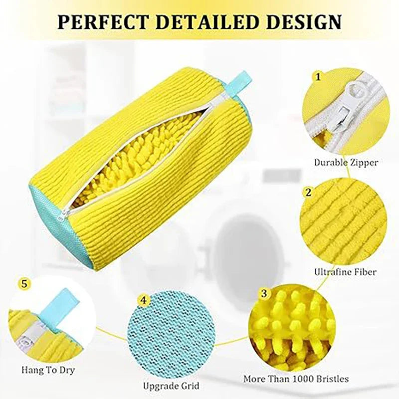 Fluffy Fiber Shoe Washing Bag with Zipper - 360° Surround Cleaning Reusable Laundry Protects Shoes