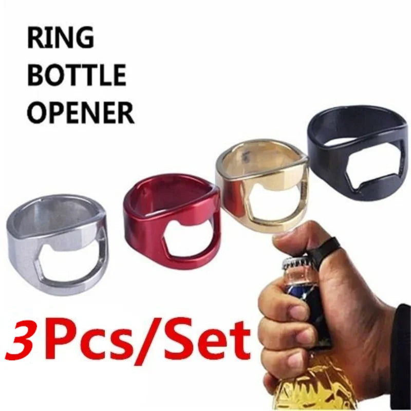 3 Pack Stainless Steel Finger Ring Bottle Opener Bar Tool Set