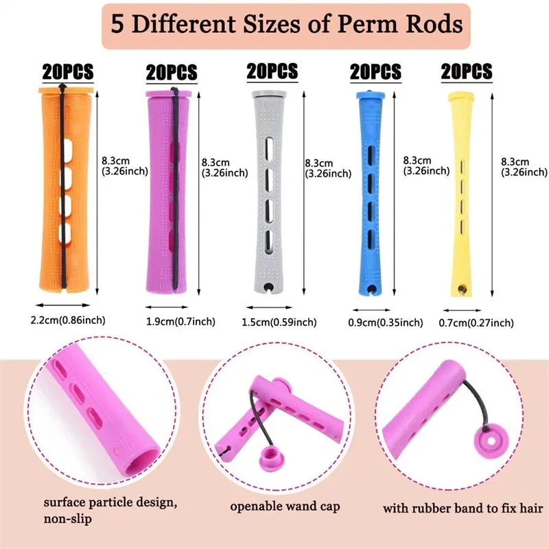 100pcs Perm Curling Rods Set for Natural Hair Styling - Multiple Sizes