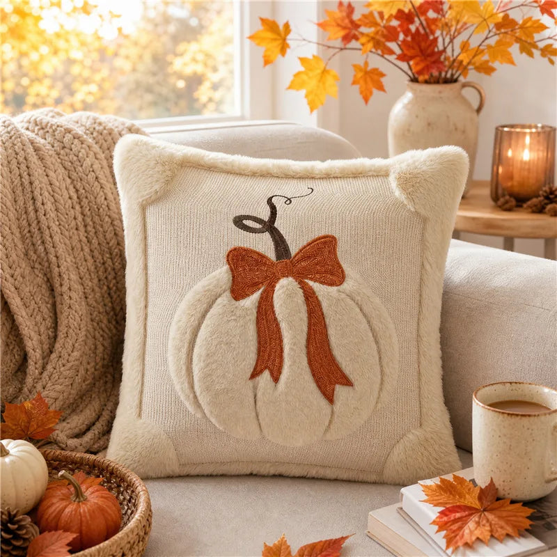 3D Plush Pumpkin Throw Pillow Cover - Fall Halloween Thanksgiving Sofa Decor