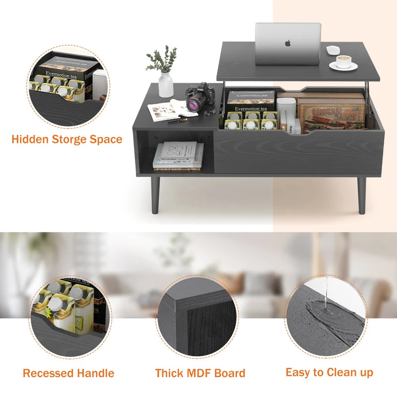 Lift Top Coffee Table with Storage Shelf - Modern Wood Design, Adjustable Height, 39x20 Inches