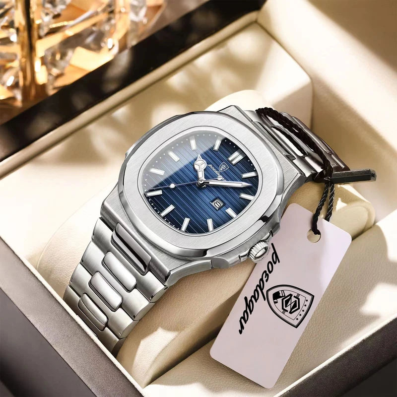 Luxury Men's Square Wristwatch Waterproof Luminous Date Quartz Watch - Stainless Steel Business & Sports Style