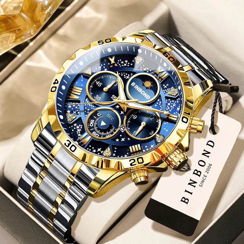 Men's Luxury Quartz Chronograph Watch with Luminous Dial and Stainless Steel Band