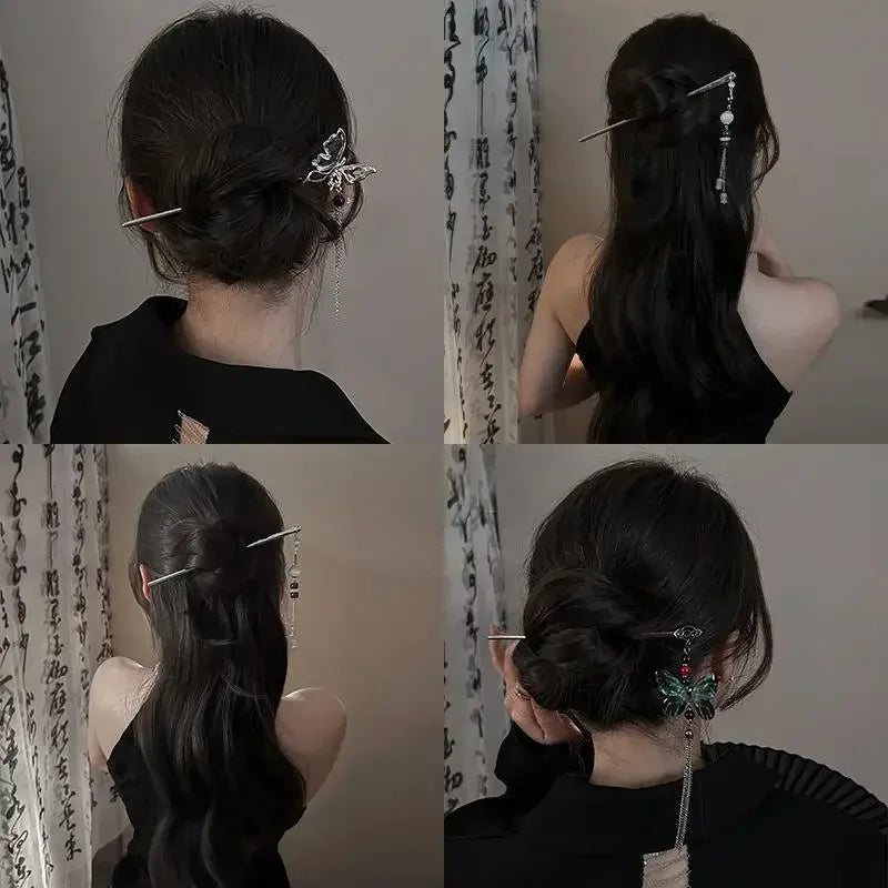 Vintage Butterfly Flower Tassel Hair Stick for Women - Metal Hair Accessory