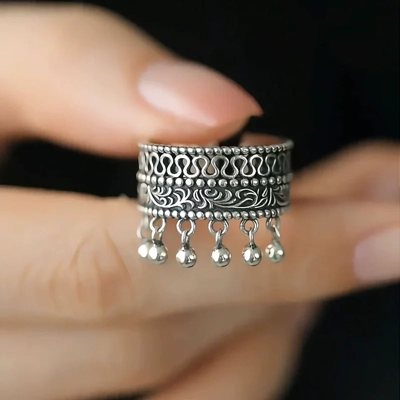 Vintage Thai Silver Beaded Adjustable Finger Ring for Women Jewelry Gift