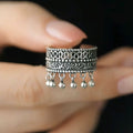 Vintage Thai Silver Beaded Adjustable Finger Ring for Women Jewelry Gift