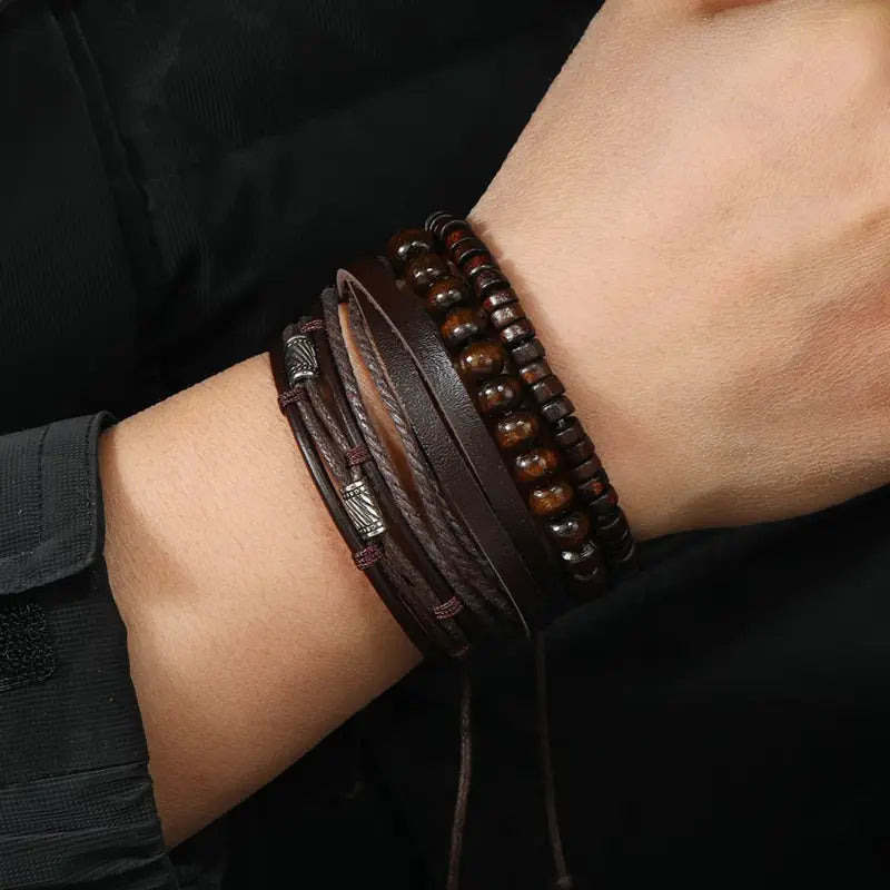 4PCS Multi-Layer Wooden Beads Men's Bracelet Set - Vintage Fashion Accessories