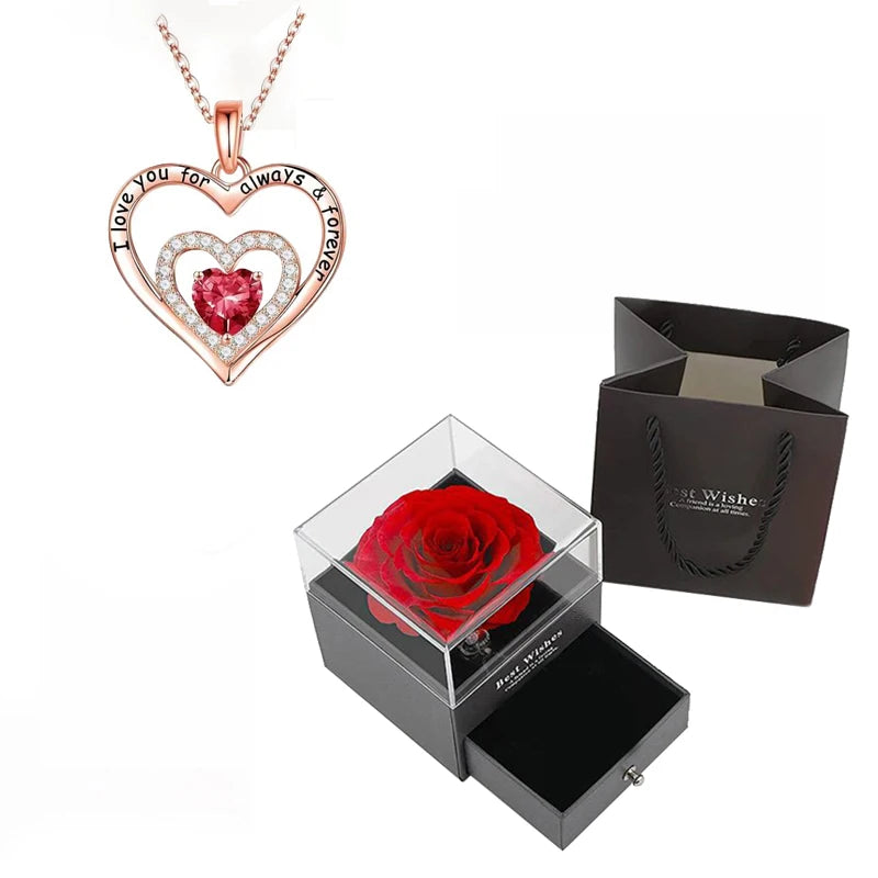 Luxury Red Zircon Pendant Necklace with Rose Flower Gift Box for Women & Girlfriend