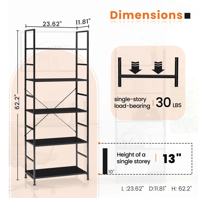 5 Tier Modern Bookcase Shelf for Living Room Bedroom Office Storage Organizer