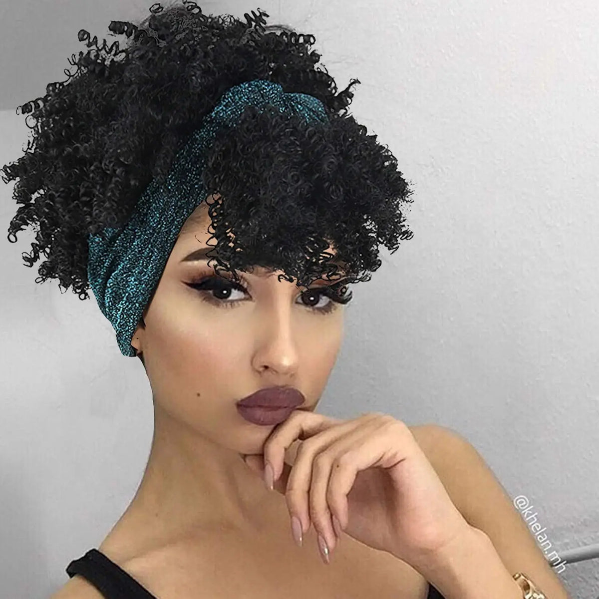 Black Women's Curly Hair Wig with Headscarf and Tassel - Short Synthetic African Style