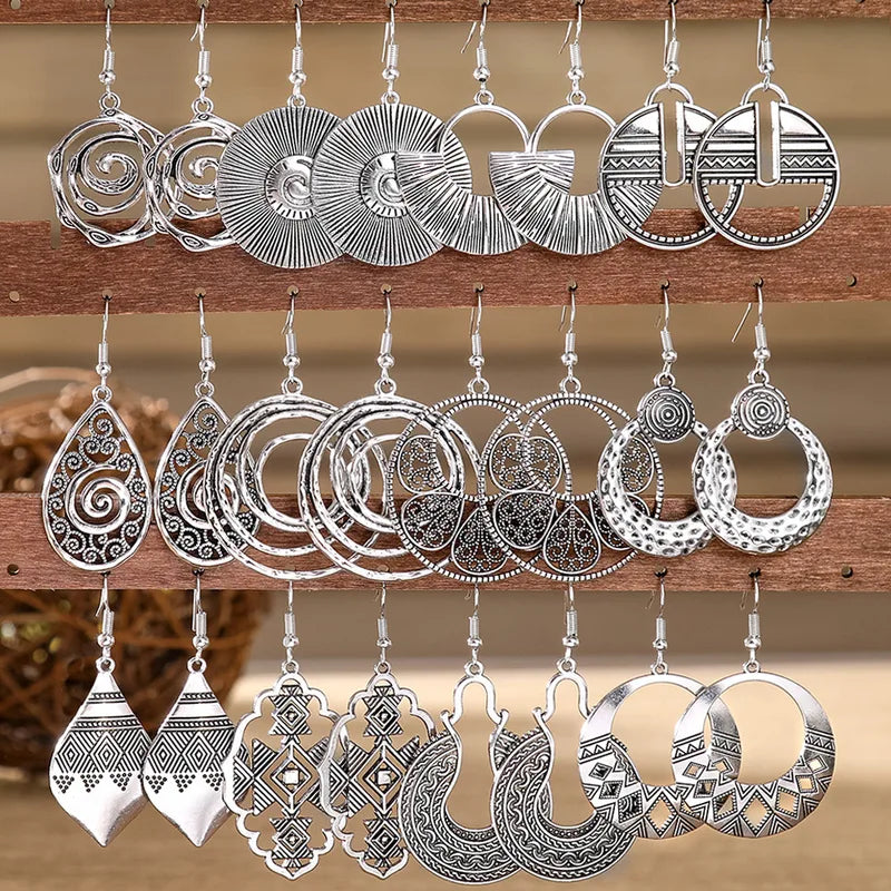 Vintage Ethnic Silver Dangle Earrings for Women - Bohemia Drop Jewelry